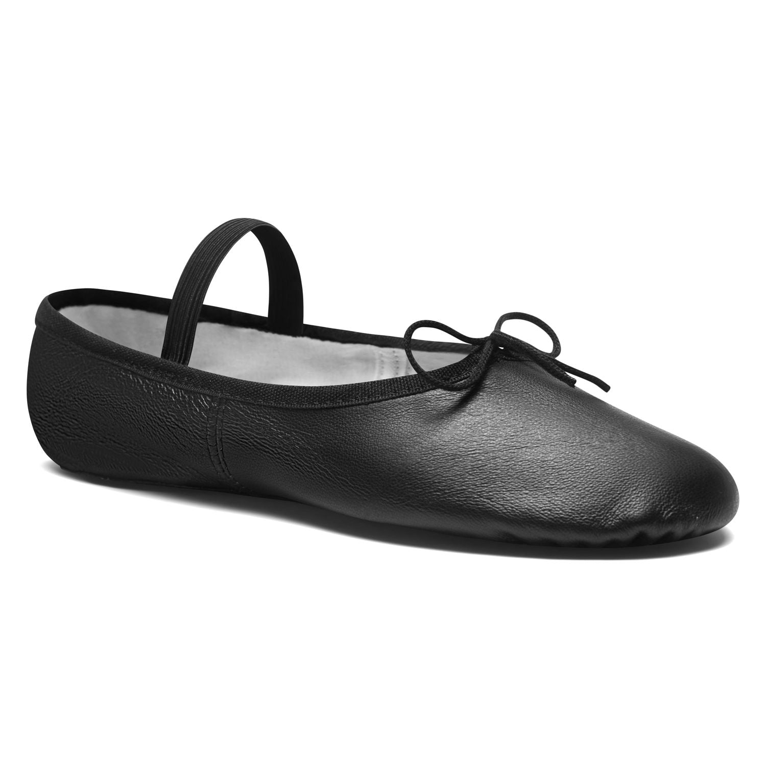 Das schwarze Ballettschläppchen 1003 aus Leder von Rumpf verfügt über eine kleine Schleife und einen elastischen Riemen.